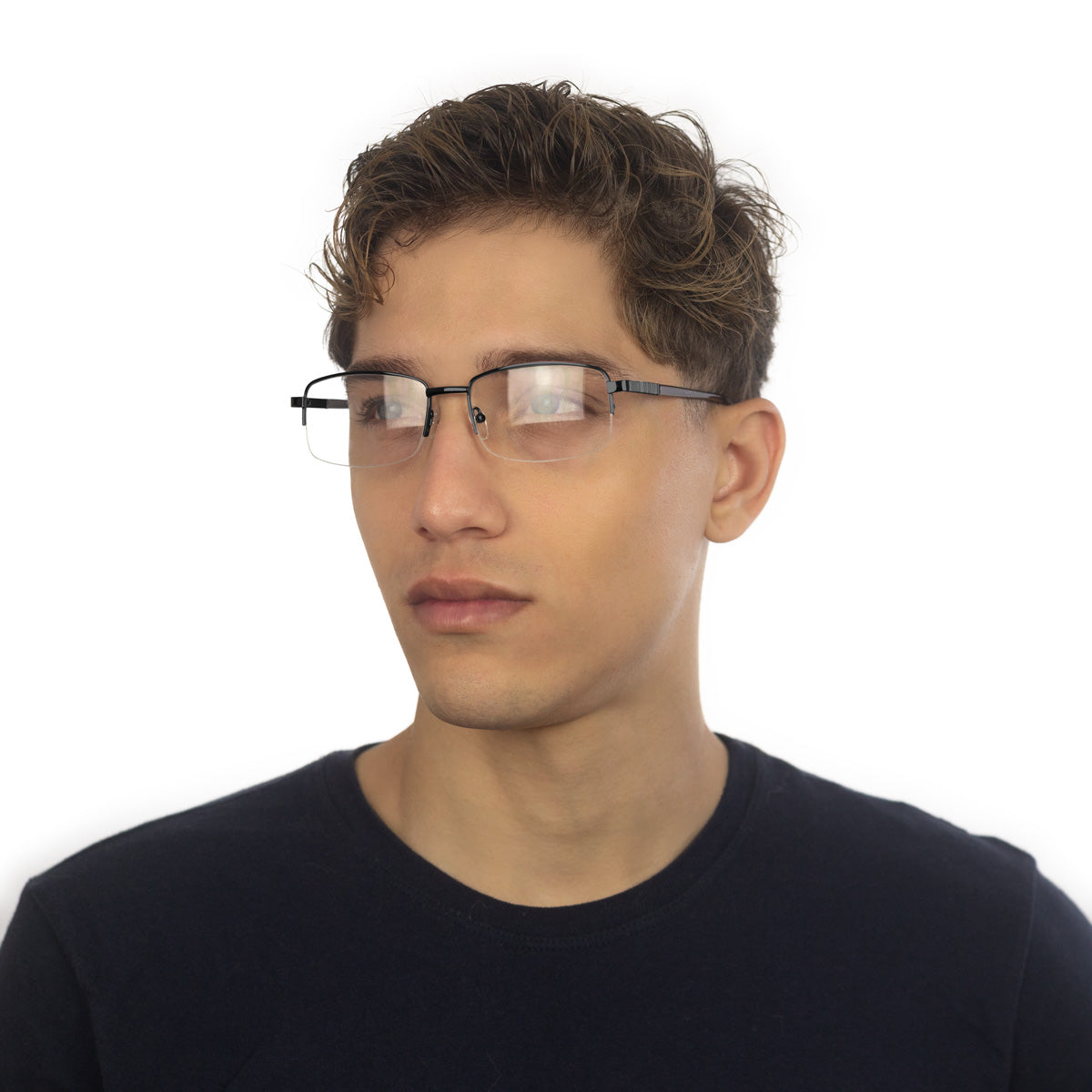 Óculos Metal Retangular Meio Aro Médio EM2 Preto em modelo com rosto pequeno.