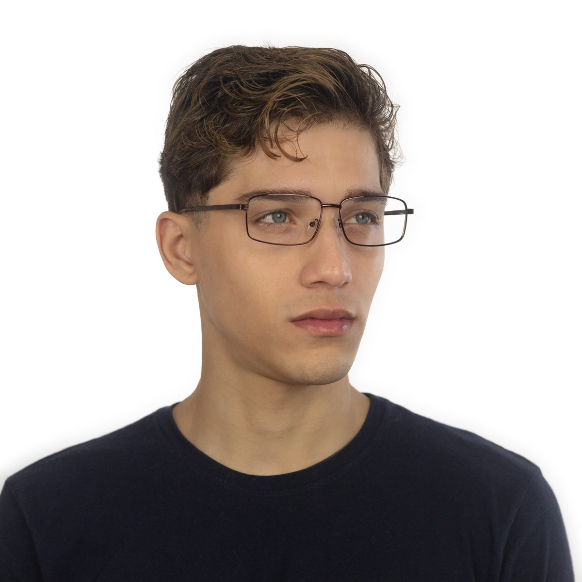 Óculos Metal Retangular Médio EM1 Bronze em modelo com rosto pequeno.